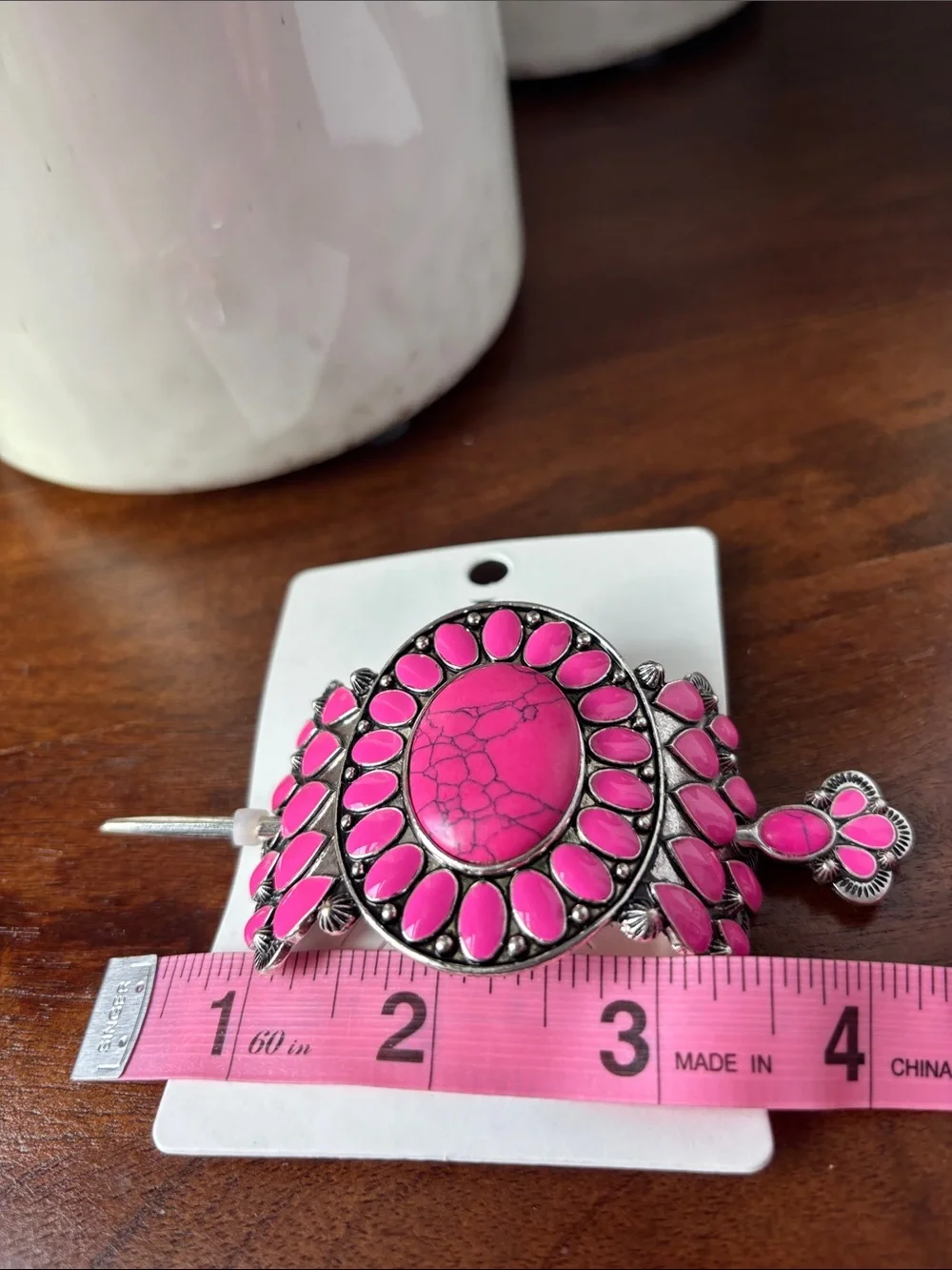 Hair slide w/stick,silver tone with pink stones